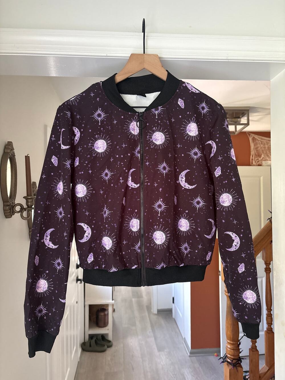 Shein | Celestial Sun Moon Bomber Jacket Small Black Purple Lightweight